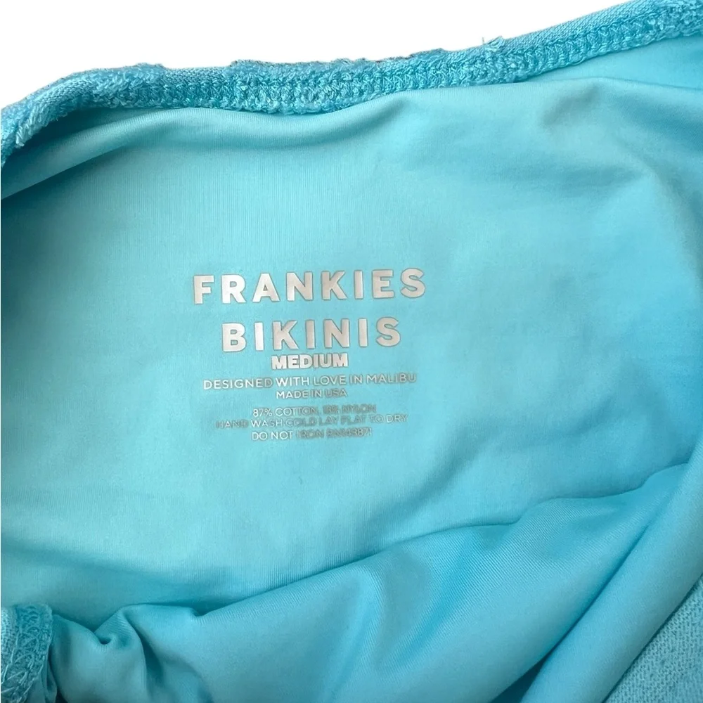 Frankie’s Bikinis Turquoise Blue Floral Texture Print Cheeky Bikini Bottoms Sz M